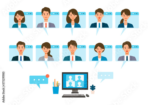 Smiling people in virtual window frames. Vector illustration of people having communication via telecommuting system.