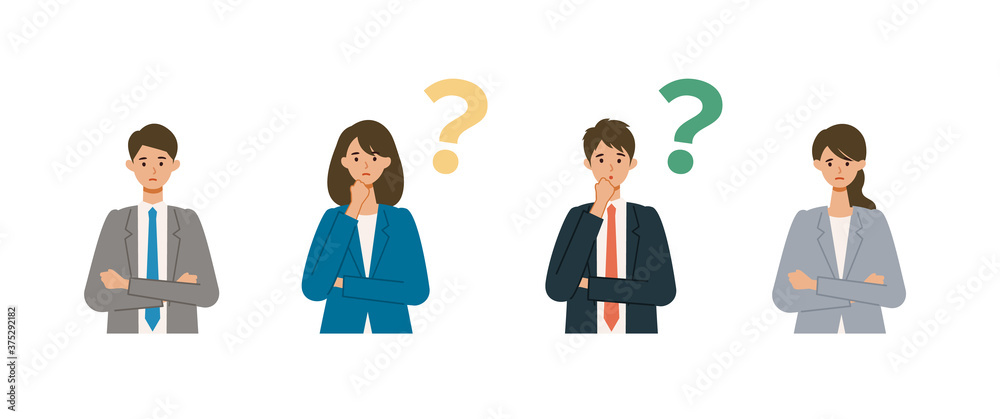 Thinking businessman and woman in suits. Different people poses set. Thinking businessman and woman in suits. Different people poses set.