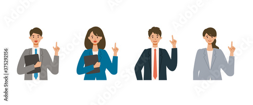 Pointing businessman and woman in suits. Different people smiles set.