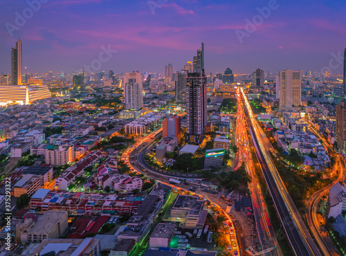 Bangkok cityscape. View of Trident roads in the area of Sathorn and Taksin Bridge at night in Thailand.