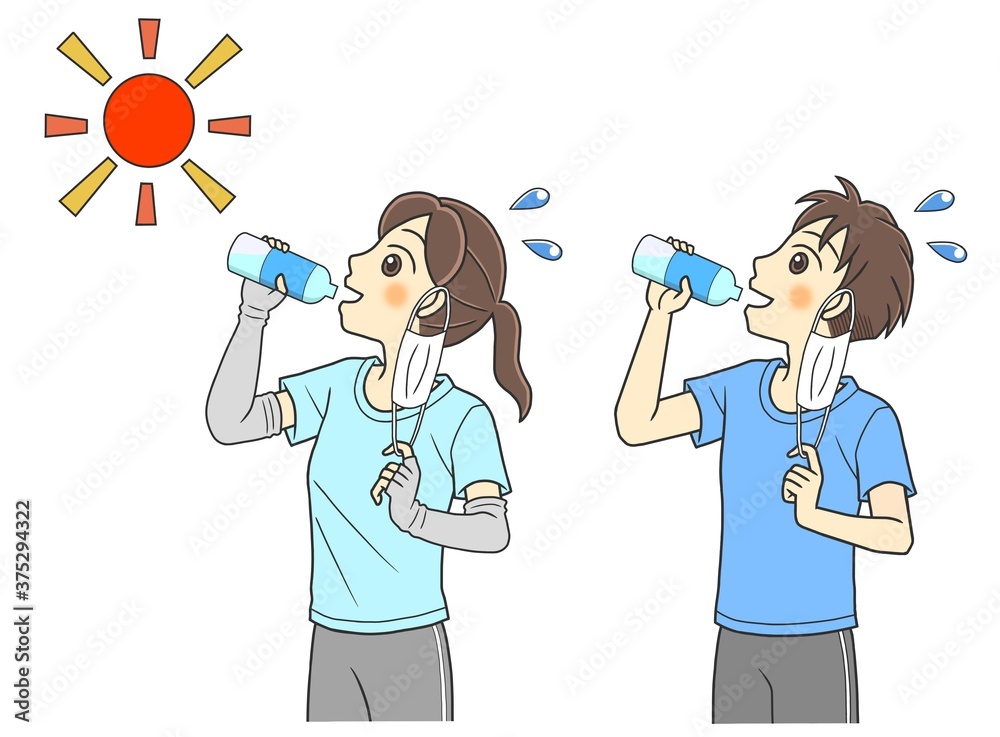 young people taking off masks and drinking water to prevent heat exhaustion