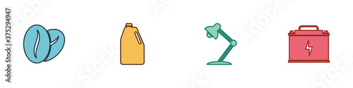 Set Coffee beans, Household chemicals bottle, Table lamp and Car battery icon. Vector.