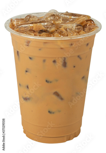 Realistic plastic cup on white background. Isolated Mock up Cold beaverage di cut with cliping path. Template block with blank space. Iced fresh aroma coffee latte with cream milk  in ice cubes.