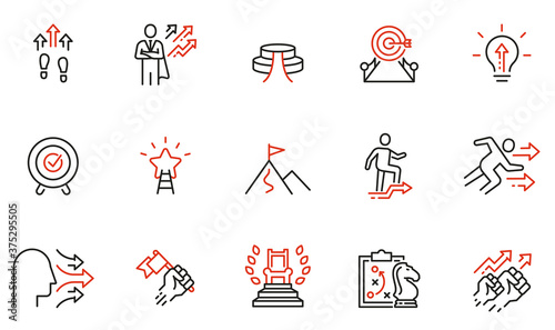 Vector set of linear icons related to assertiveness, striving for development, realization and progress. Mono line pictograms and infographics design elements photo