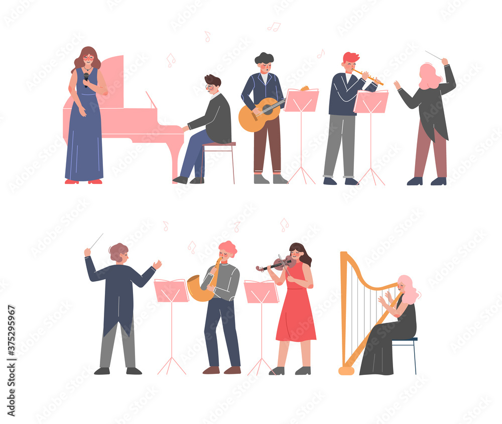 Musician Characters Playing Musical Instruments Set, Playing Violin, Classical Musicians Performingon Stage, Instrumental Symphony Orchestra Flat Style Vector Illustration