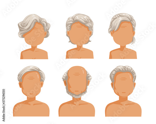 Elderly hairstyle set. Man and woman hairstyle set.  female and male gray hair. Face of a adult. People head. Person fashion hairstyles. Trendy for haircut. 