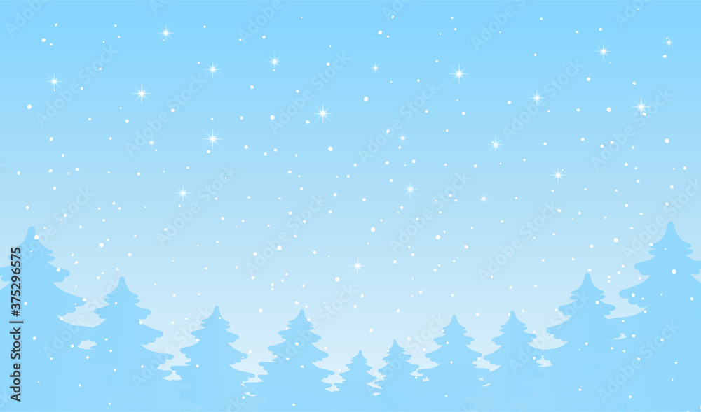 Modern festive banner, merry christmas. Winter forest background. Blue landscape with falling snow and stars. New Year poster. Vector illustration with copy space.