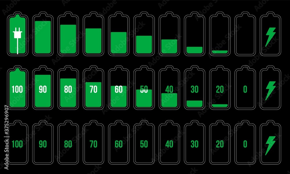Battery indicator set. Isolated electric battery charge full, low, empty levels and charging progress green sign icons collection. Vector electricity energy indicator symbols, accumulator technology Battery indicator set. Isolated electric battery charge full, low, empty levels and charging progress green sign icons collection. Vector electricity energy indicator symbols, accumulator technology