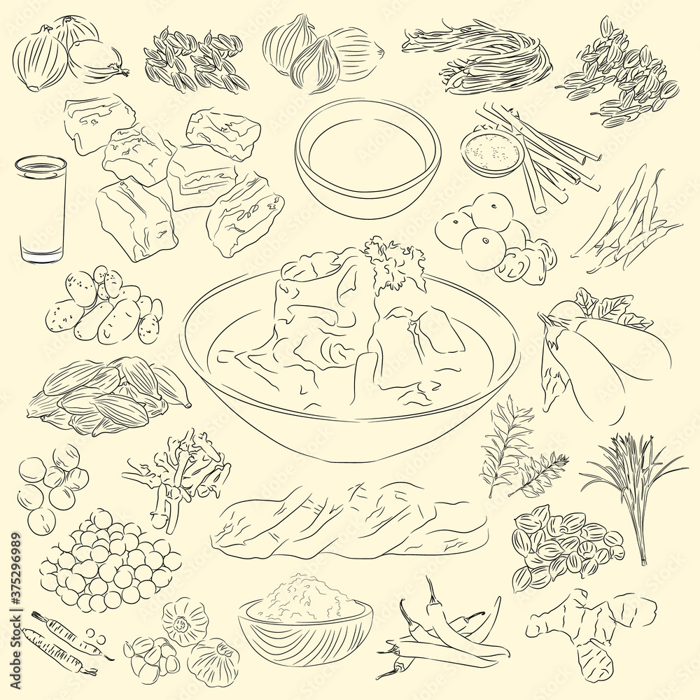 Soup Dalca Illustration & Ingredients, Food From Aceh Indonesia, Sketch Style