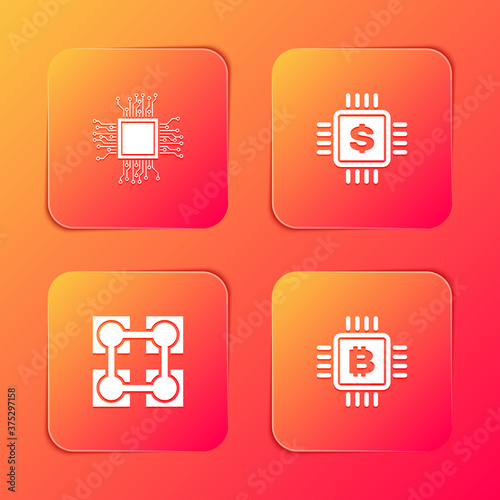 Set Processor, chip with dollar, Blockchain technology and CPU mining farm icon. Vector.