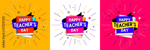 Happy Teacher's Day Logo Design Concept, Banner Template, Icon, Poster, Unit, Label, Mnemonic, Greeting Card, Web header in bright colours with celebration background & rays  - Vector, illustration