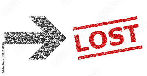 Recursive collage arrow right and Lost dirty stamp print. Vector collage is composed from repeating arrow right parts. Stamp seal includes Lost caption between parallel lines.