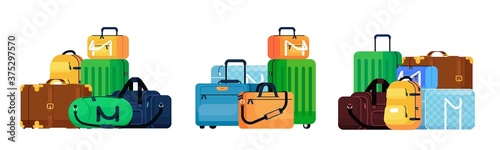 Luggage set. Isolated retro and modern travel suitcase and backpack baggage pile icon set. Vector trip and journey luggage bags transportation collection photo
