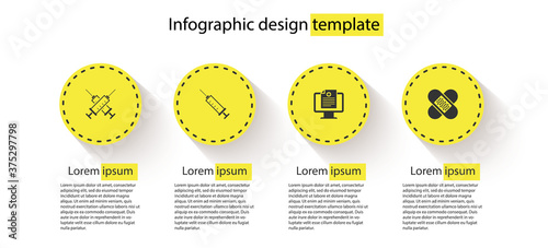Set Crossed syringe, Syringe, Clinical record on monitor and bandage plaster. Business infographic template. Vector.