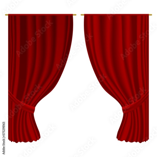 Open curtains. Isolated vector realistic velvet textile decoration drapery design. Luxury open red curtains stage entertainment interior decor