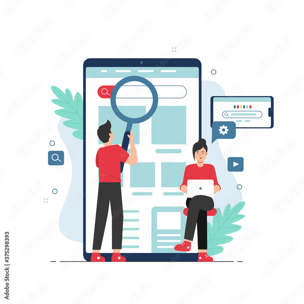 Search engine concept. People holding magnifying glass over mobile browser app Search engine concept. People holding magnifying glass over mobile browser app