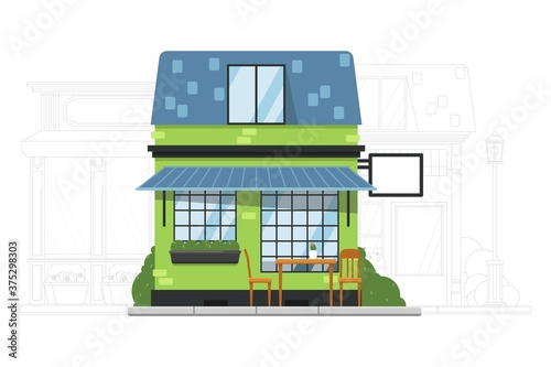 House building. Small suburb house. Vector cafe or hostel residential apartment building exterior. Adjacent street with mansion silhouette illustration