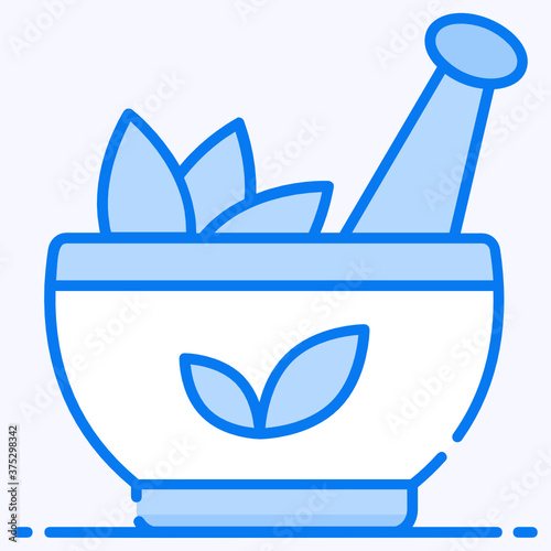 
Porter and pestle with leaves, herbal medicine concept 

