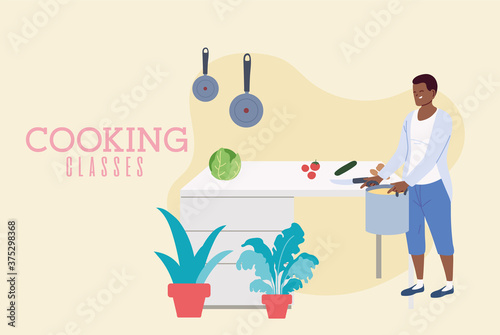 Young man cooking a delicious soup in classes