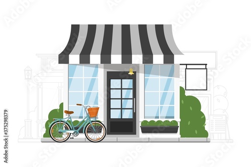 Fastfood restaurant. Small fastfood restaurant, retail store or boutique shop building exterior facade on cityscape silhouette background. Commercial property vector illustration
