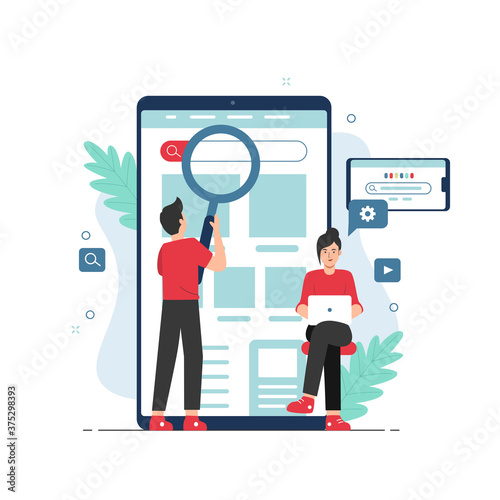Search engine concept. People holding magnifying glass over mobile browser app
