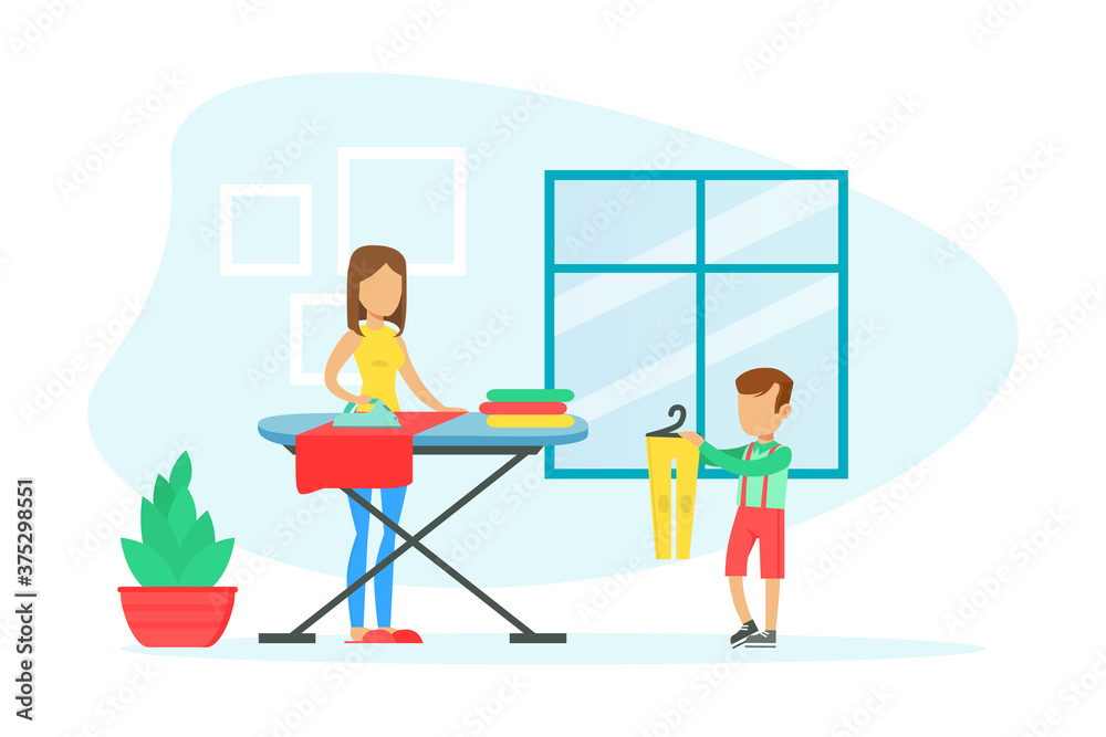 Young Woman Ironing Clothes on Ironing Board, Son Helping Her, Housekeeping Concept Flat Vector Illustration