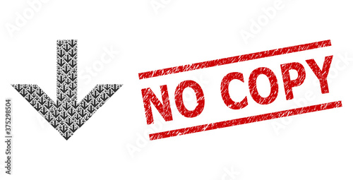 Fractal collage arrow down and No Copy scratched stamp seal. Vector collage is made with recursive arrow down icons. Stamp includes No Copy title between parallel lines.