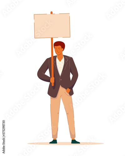 Businessman protester. Worker protest against company illustration. Vector man in formal suit demonstration participant holding blank placard standing isolated on white background. Labor union