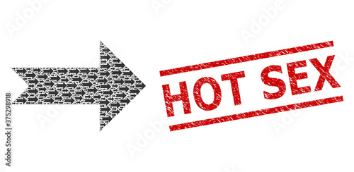 Fractal mosaic arrow right and Hot Sex unclean stamp. Vector mosaic is organized of randomized arrow right icons. Stamp includes Hot Sex tag between parallel lines.