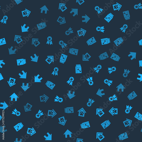 Set Dog house and paw print pet, award symbol, Bag of food for and on seamless pattern. Vector.