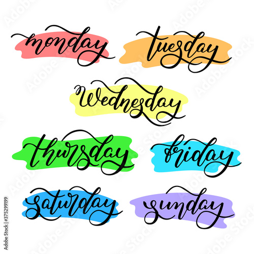 Lettering days of the week - Monday, Tuesday, Wednesday, Thursday, Friday, Saturday, Sunday. Handwritten words for calendar, weekly plan, organizer.