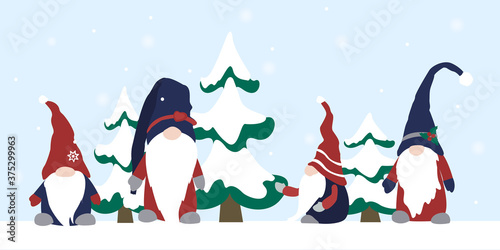 Gnome elf cartoon characters set. Prominent nose, wearing hat. Snowy winter landscape background with fir trees.