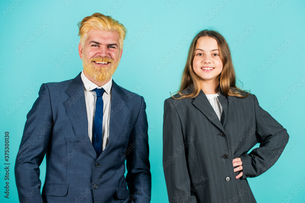 Wealth and rich. family business startup. kid in business school. father and daughter in suit. modern office life. businessman dyed blond hair. small girl in oversized jacket. choosing future career