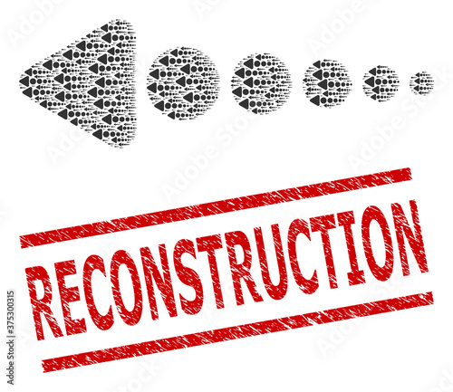 Recursive combination arrow left and Reconstruction corroded seal. Vector mosaic is made with recursive arrow left parts. Seal includes Reconstruction caption between parallel lines.