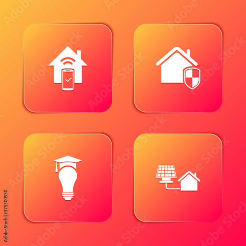 Set Smart home remote control system, House under protection, Light bulb and graduation cap and with solar panel icon. Vector.