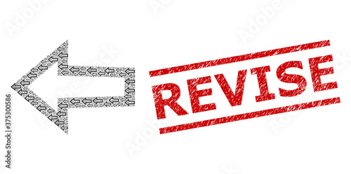 Recursion composition arrow left and Revise grunge stamp imitation. Vector mosaic is organized of recursive arrow left elements. Stamp seal includes Revise title between parallel lines.