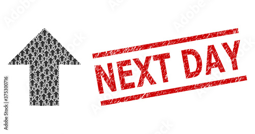 Recursive mosaic arrow up and Next Day dirty stamp seal. Vector collage is done of scattered arrow up icons. Stamp seal includes Next Day caption between parallel lines.