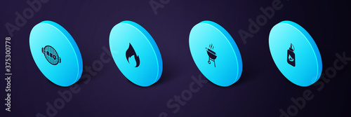 Set Isometric Ketchup bottle, Barbecue grilled shish kebab, Fire flame and icon. Vector.