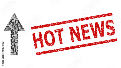 Recursive composition arrow up and Hot News dirty stamp seal. Vector mosaic is composed with randomized arrow up parts. Stamp seal includes Hot News title between parallel lines.