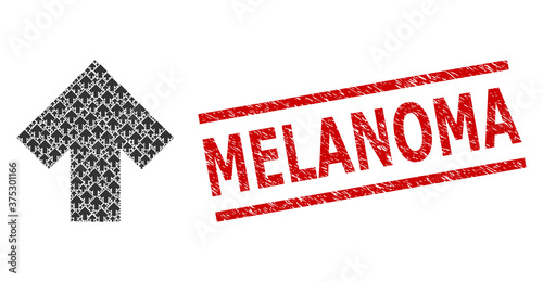 Recursive mosaic arrow up and Melanoma dirty stamp seal. Vector mosaic is done of random arrow up items. Seal includes Melanoma text between parallel lines.