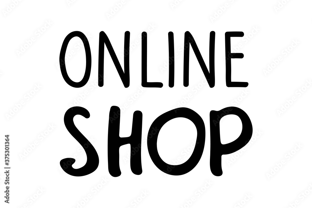 Online Shop logo. Black and white hand drawn logotype isolated on white background. For Invitation, banner, postcard, poster, stickers, tag, logotypes, labels, cards. Vector illustration. Online Shop logo. Black and white hand drawn logotype isolated on white background. For Invitation, banner, postcard, poster, stickers, tag, logotypes, labels, cards. Vector illustration.