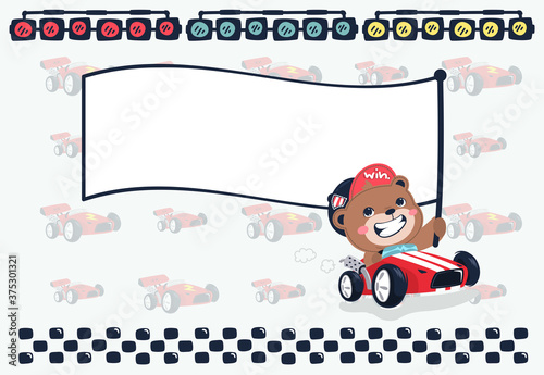 Cute teddy bear cartoon driving formula race car and holding a blank flag vector illustration.