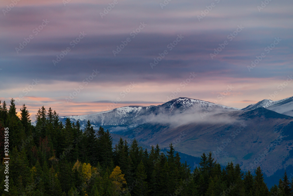 Beautiful October sunset in the mountains