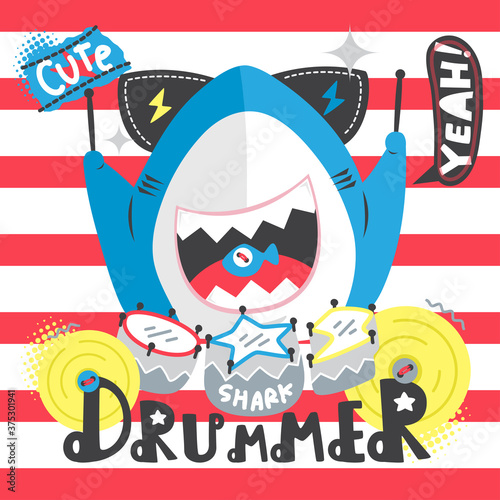 Funny shark cartoon wearing sunglasses and playing the drums on red and white striped background illustration vector.