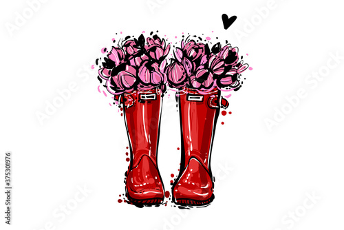 Vintage red wellies with flowers. Rubber boots with tulips flowers and heart. Vector illustration in watercolor style. Decoration seasonal sele celebration. Hello autumn greeting card.