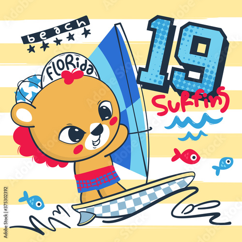 Cute baby lion cartoon windsurfing and having fun on yellow and white striped background illustration vector.