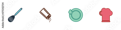 Set Kitchen whisk, Salt and pepper, Washing dishes and Chef hat icon. Vector.