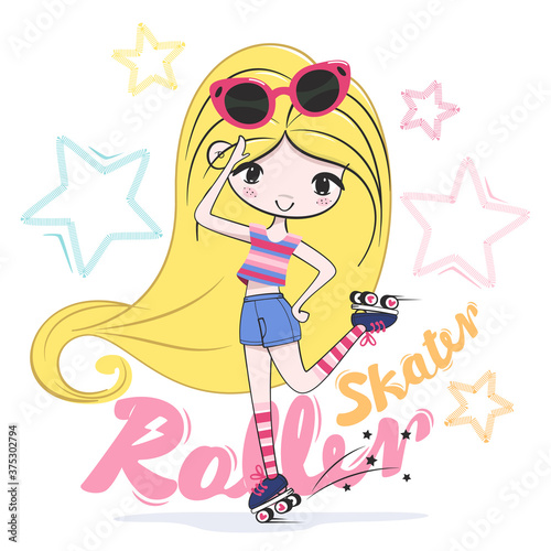 Beautiful blonde girl on roller skates with sunglasses on head isolated on white background illustration vector.