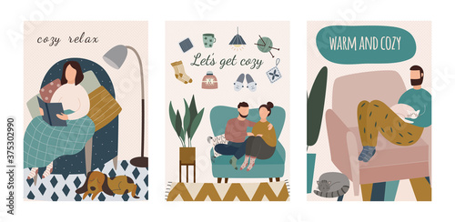 Cozy and warm home - cartoon card set with with cartoon people