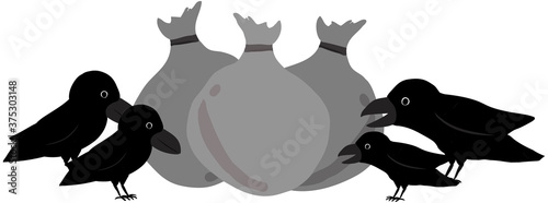 ゴミを突っついて食べるカラスの群れのイラスト